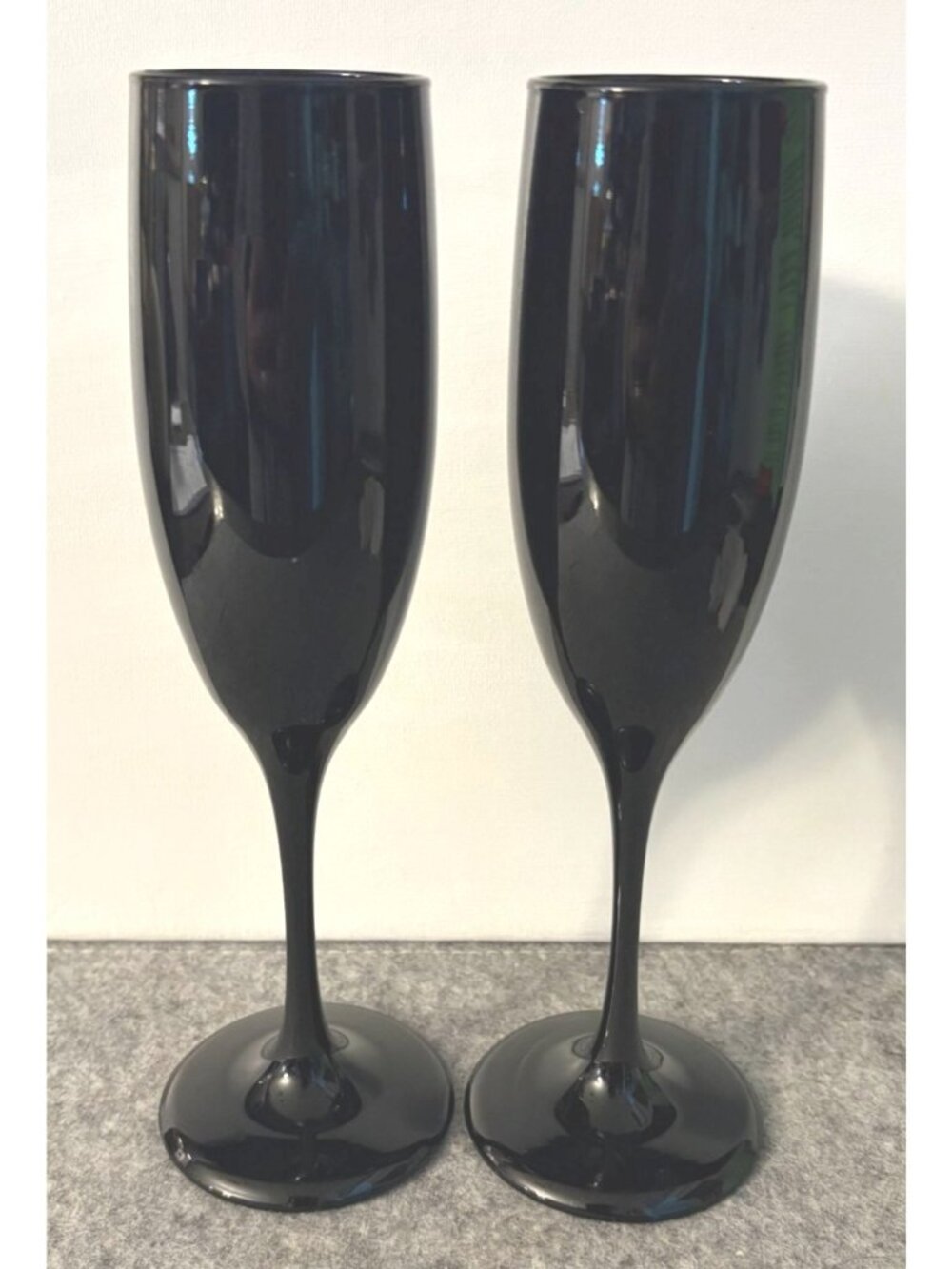 2 Libbey Black Amethyst Glass Champagne Flutes  # 3382